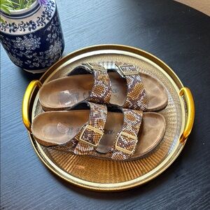 Snakeskin Birkenstock Arizona Sandals with Gold Buckles